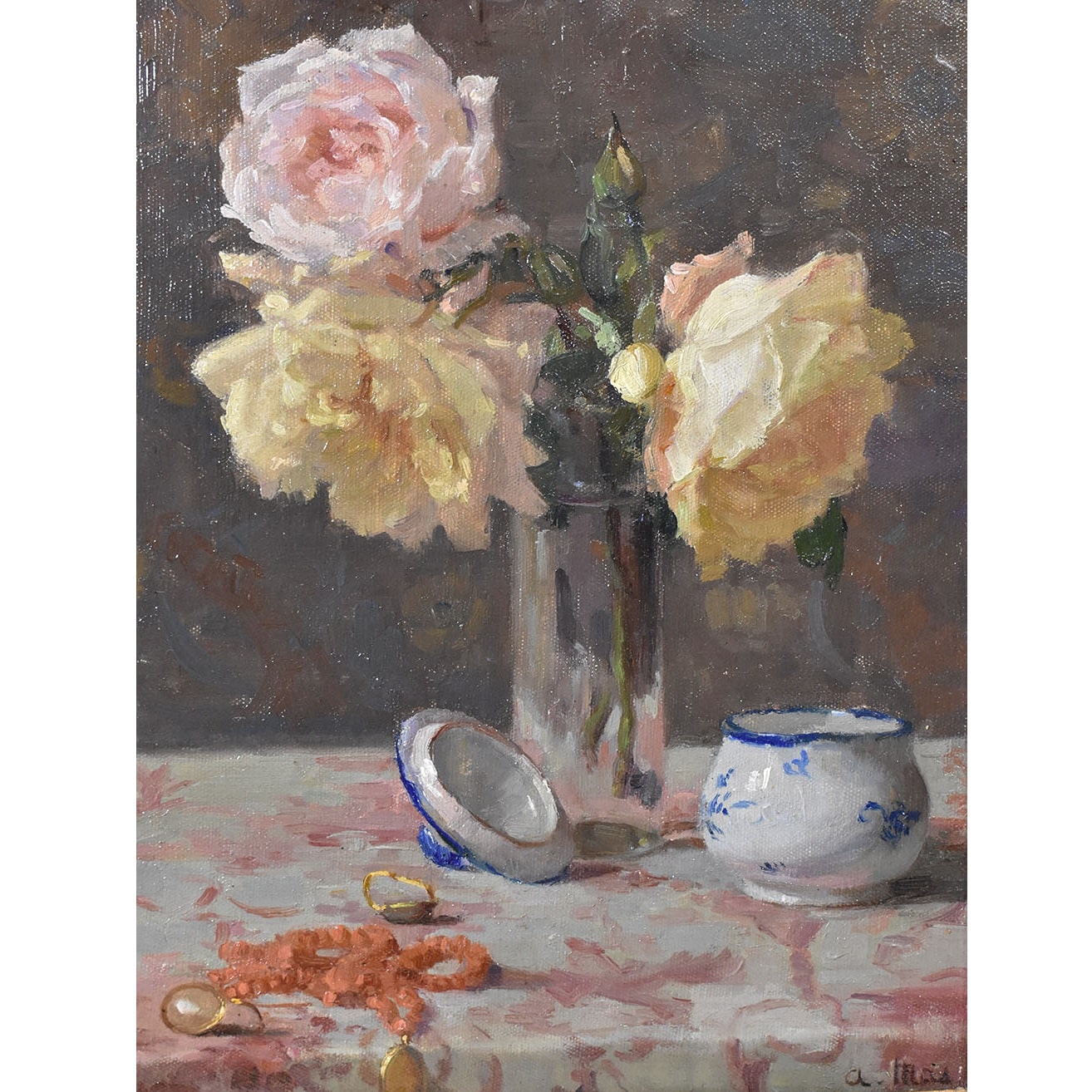 QF348 1 antique oli painting roses flower floral  painting art deco.jpg